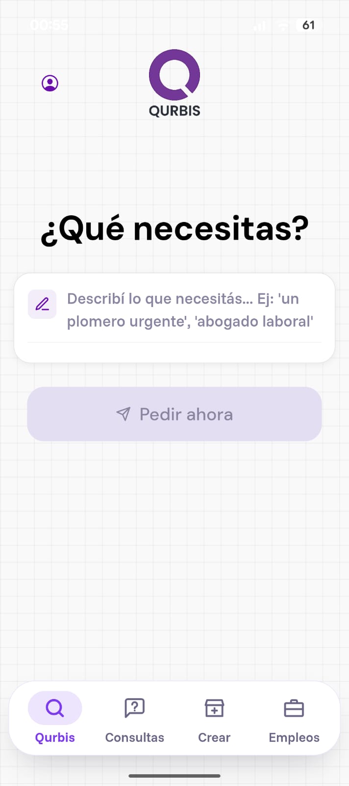 Pantalla para escribir lo que necesitás en Qurbis