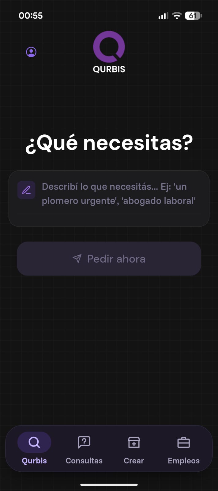Pantalla de inicio de Qurbis: ¿Qué necesitás? con el botón Pedir ahora
